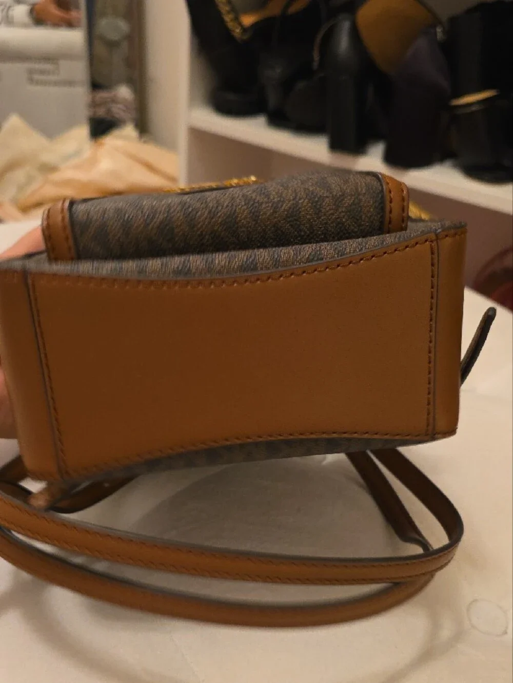Michael Kors Brown Logo Mini Convertible Backpack with Tan Trim